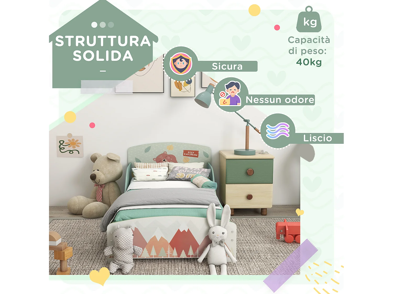 Letto per bambini da 3-6 anni con doghe e bordi rialzati verde