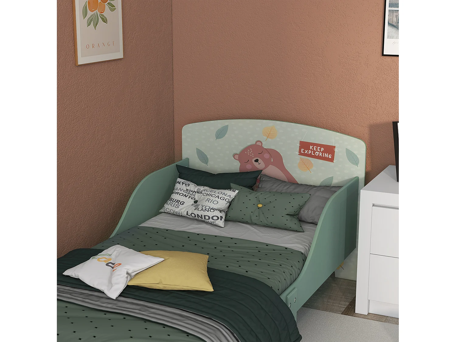 Letto per bambini da 3-6 anni con doghe e bordi rialzati verde