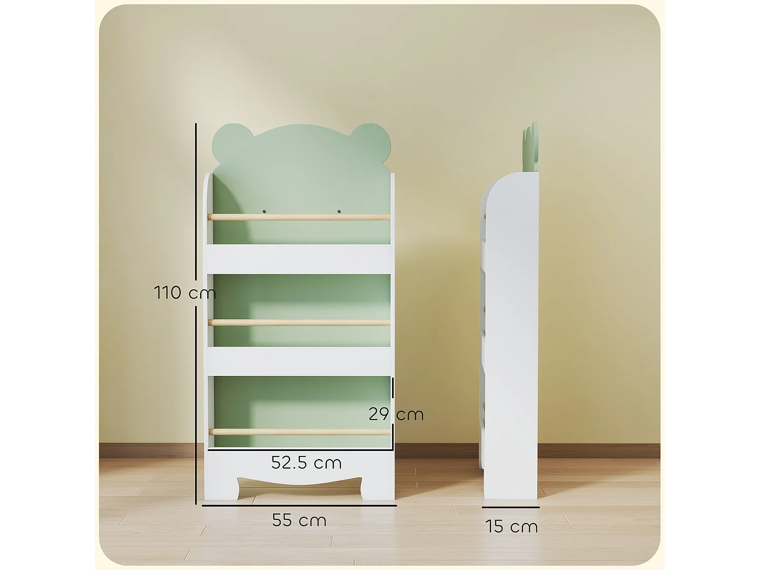 Libreria per bambini a 3 ripiani a forma di orsetto verde