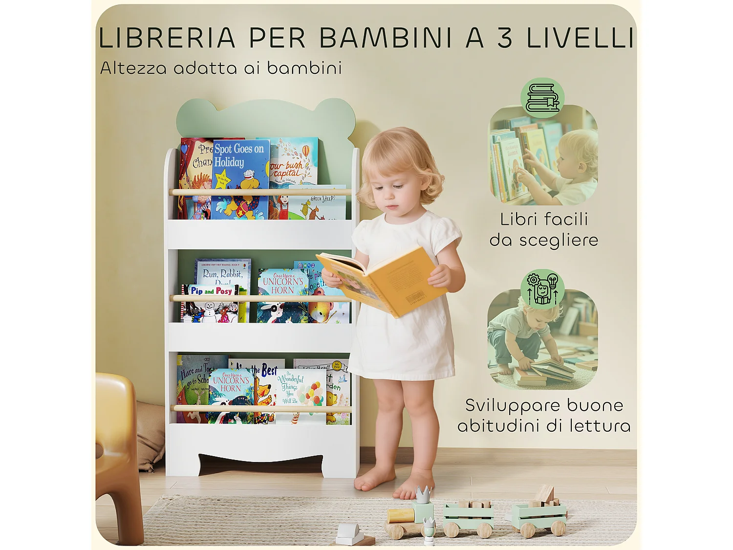 Libreria per bambini a 3 ripiani a forma di orsetto verde