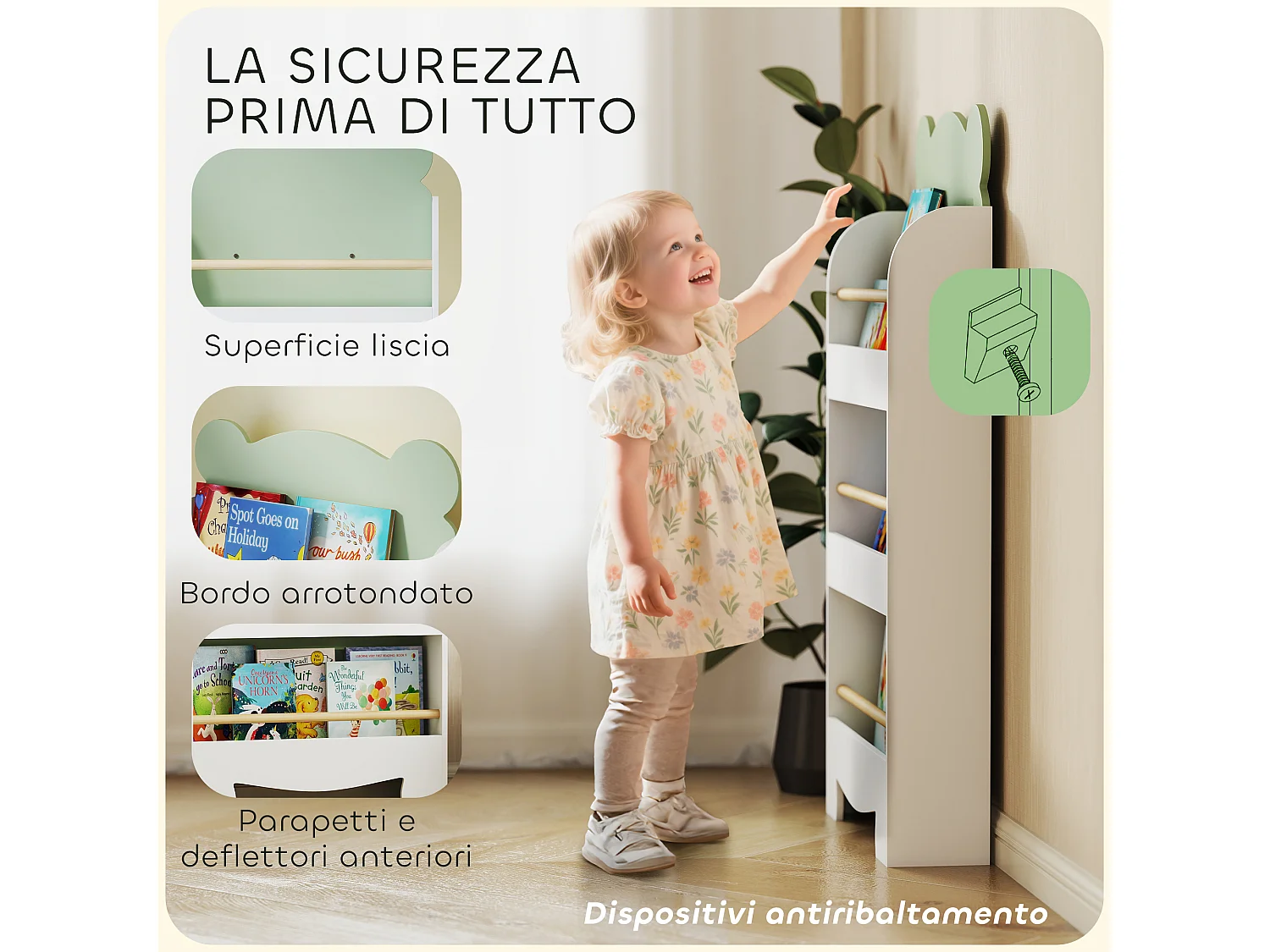 Libreria per bambini a 3 ripiani a forma di orsetto verde