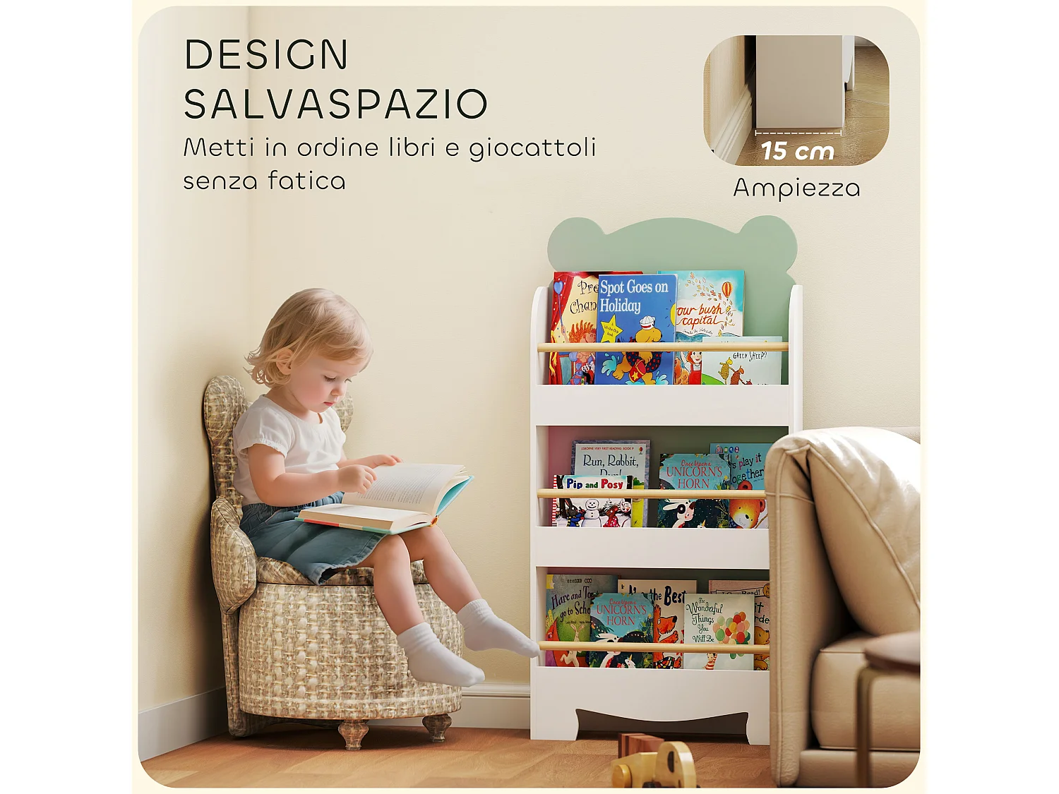 Libreria per bambini a 3 ripiani a forma di orsetto verde
