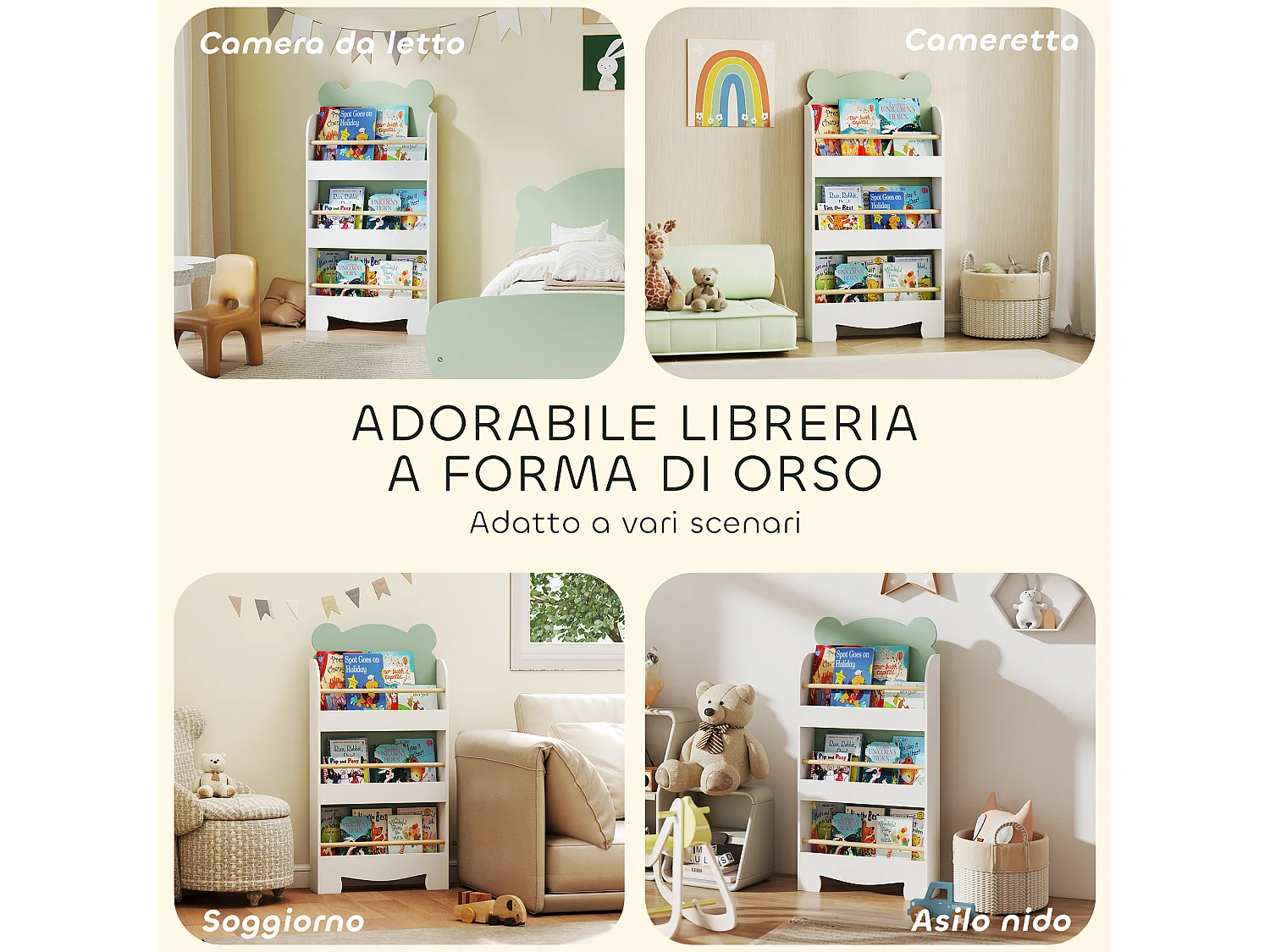 Libreria per bambini a 3 ripiani a forma di orsetto verde