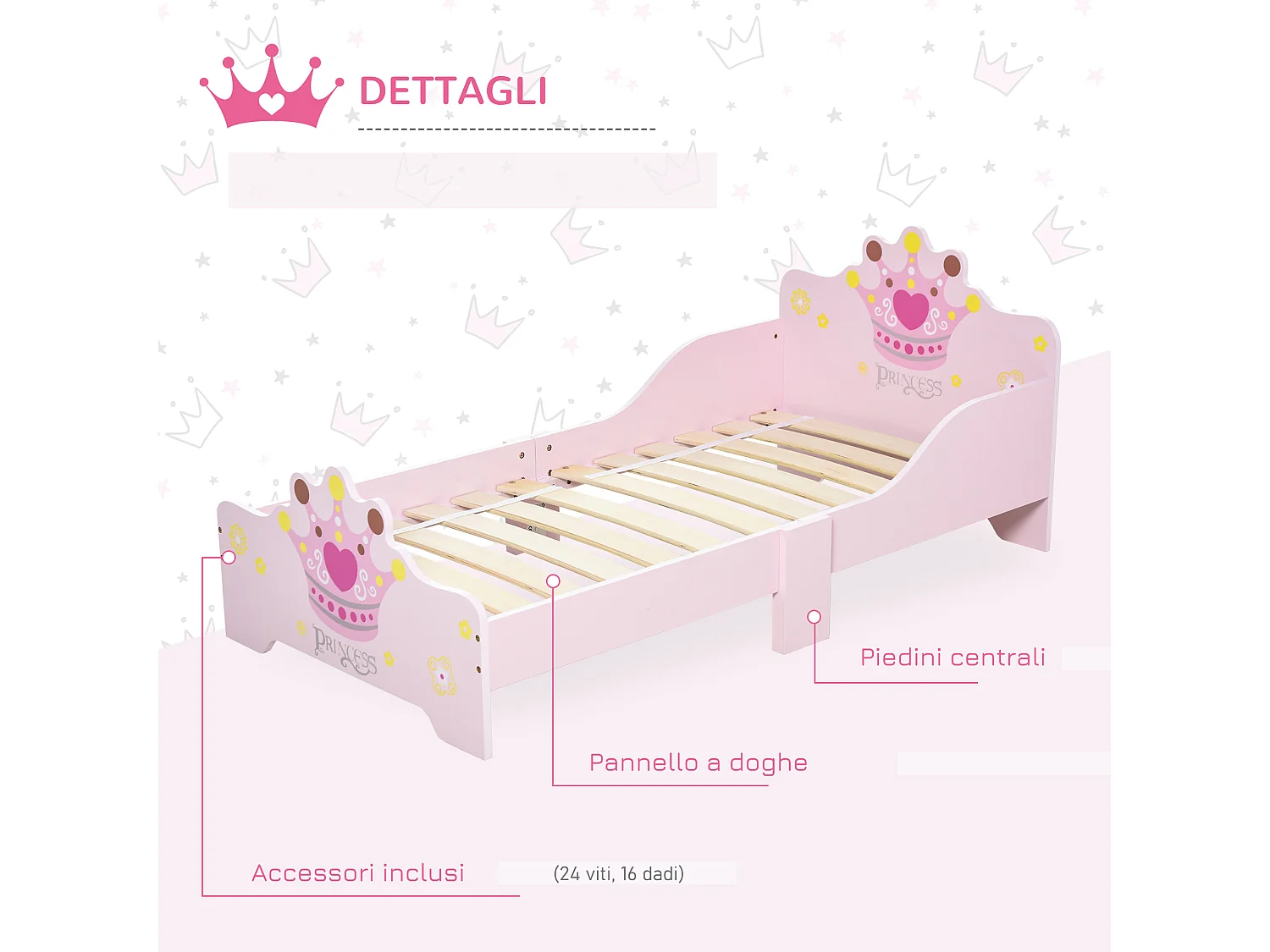 Lettino per bambini in legno con bordi rialzati e 6 gambe rosa