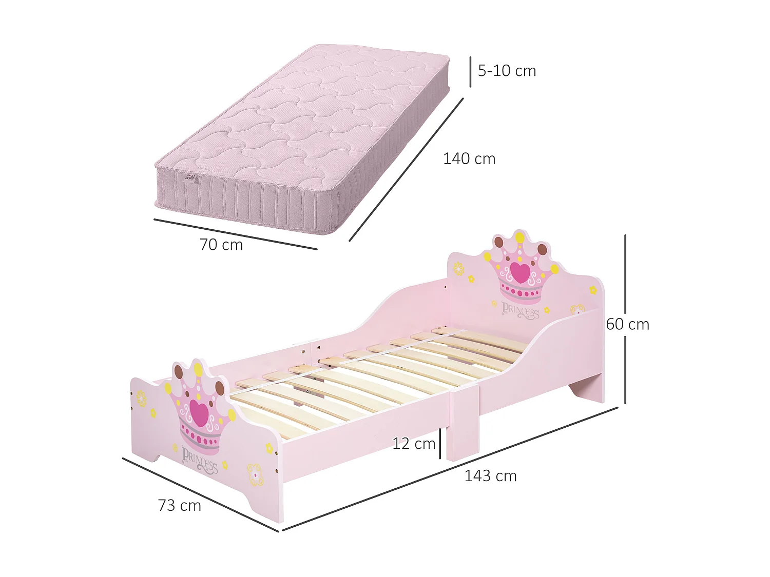 Lettino per bambini in legno con bordi rialzati e 6 gambe rosa