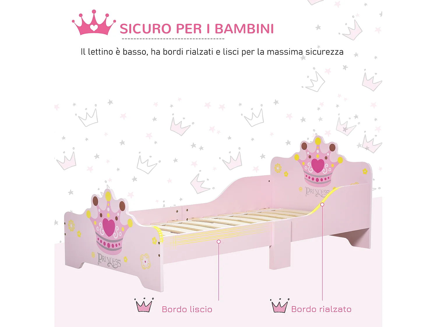 Lettino per bambini in legno con bordi rialzati e 6 gambe rosa