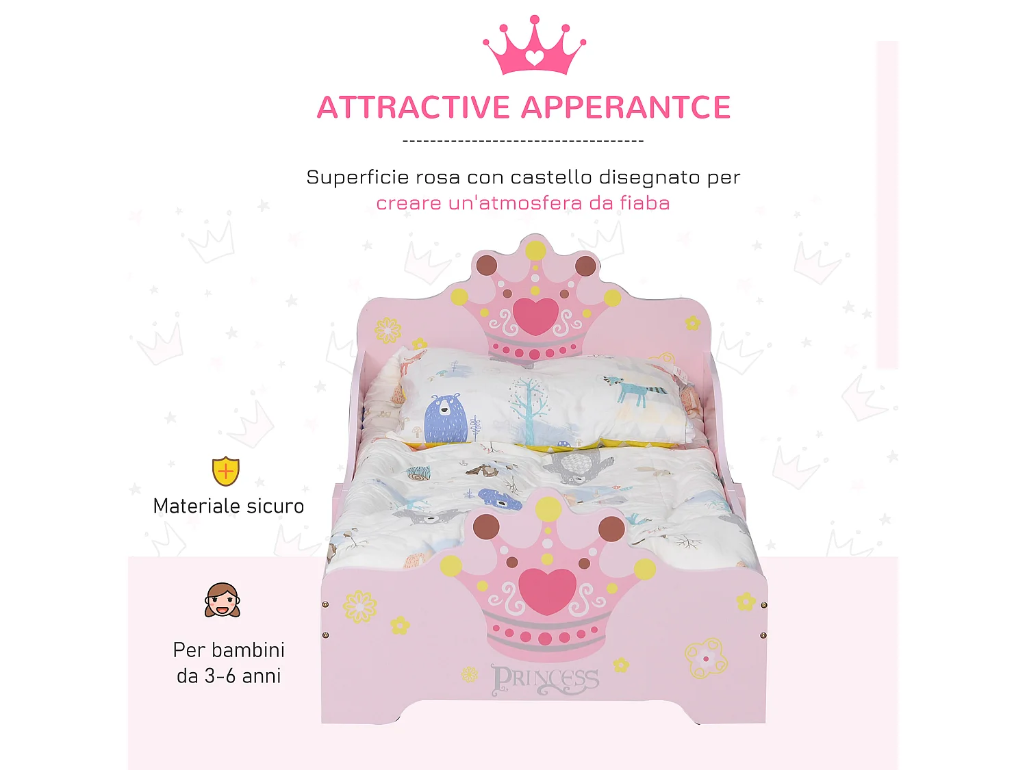 Lettino per bambini in legno con bordi rialzati e 6 gambe rosa