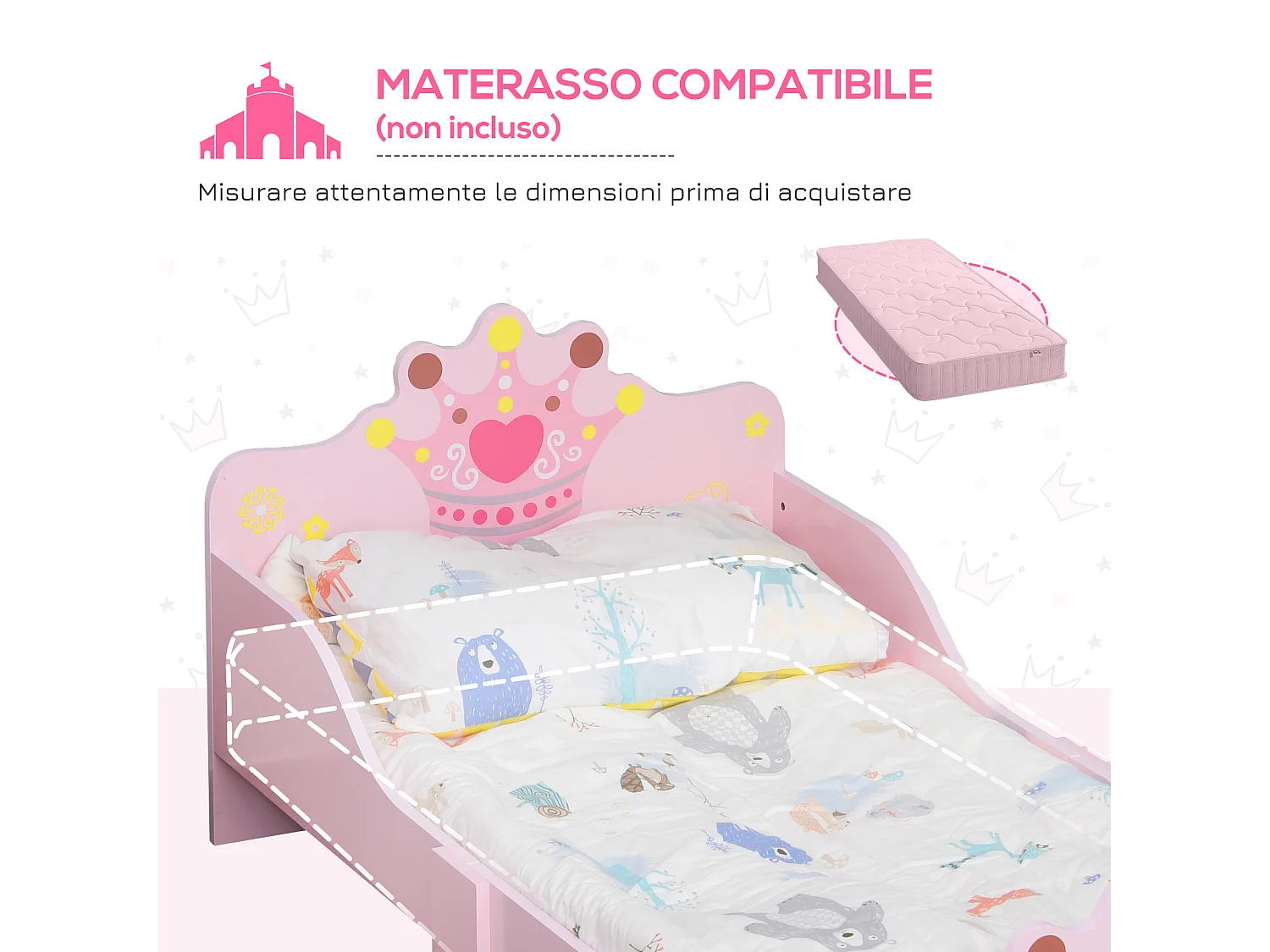 Lettino per bambini in legno con bordi rialzati e 6 gambe rosa