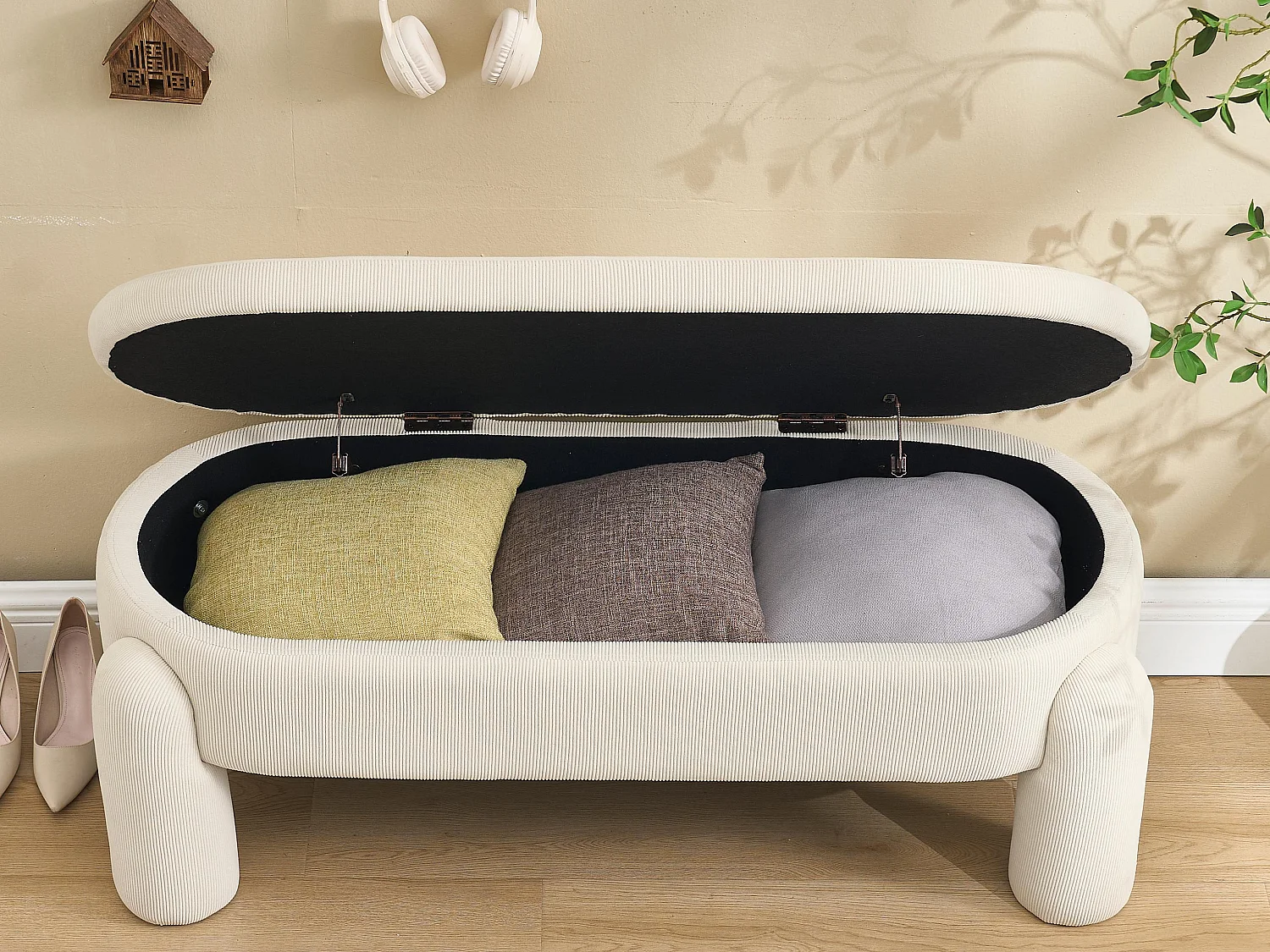 Pouf de Rangement - Banc Coffre en Velours Côtelé Beige - Style Contemporain et Multifonction pour Chambre et Salon
