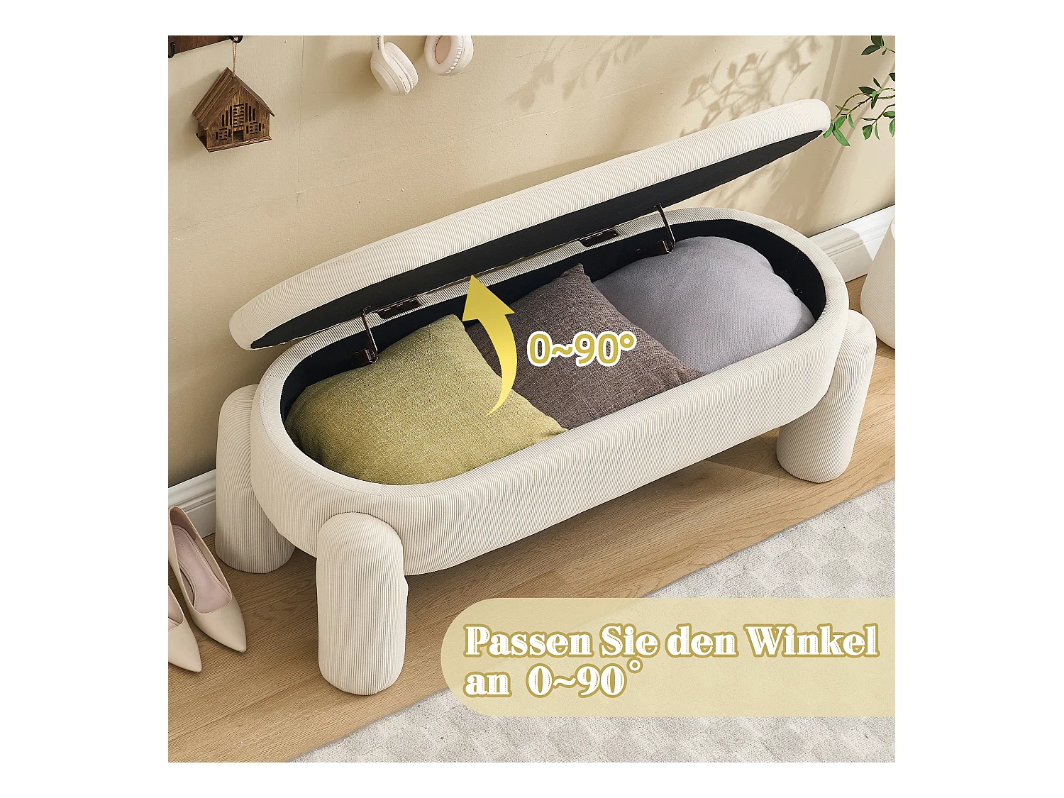 Pouf de Rangement - Banc Coffre en Velours Côtelé Beige - Style Contemporain et Multifonction pour Chambre et Salon