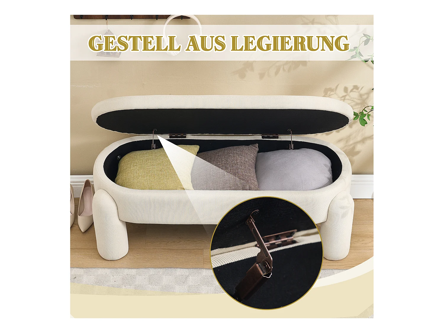 Pouf de Rangement - Banc Coffre en Velours Côtelé Beige - Style Contemporain et Multifonction pour Chambre et Salon