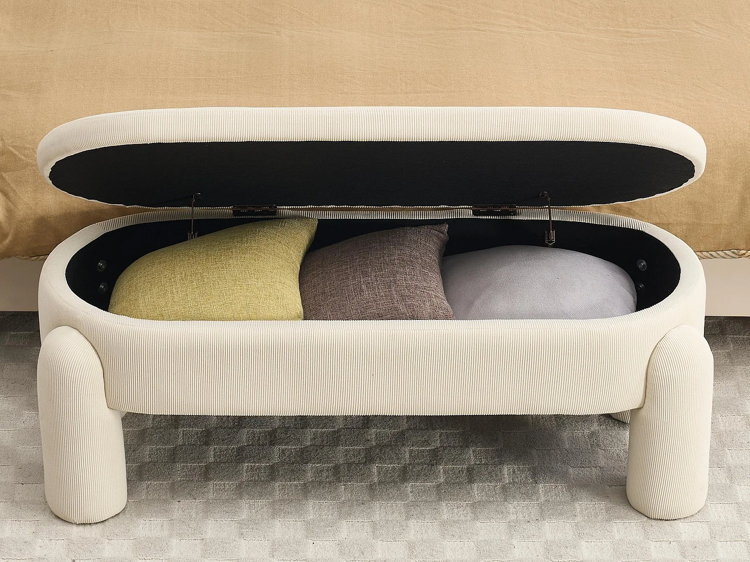 Pouf de Rangement - Banc Coffre en Velours Côtelé Beige - Style Contemporain et Multifonction pour Chambre et Salon