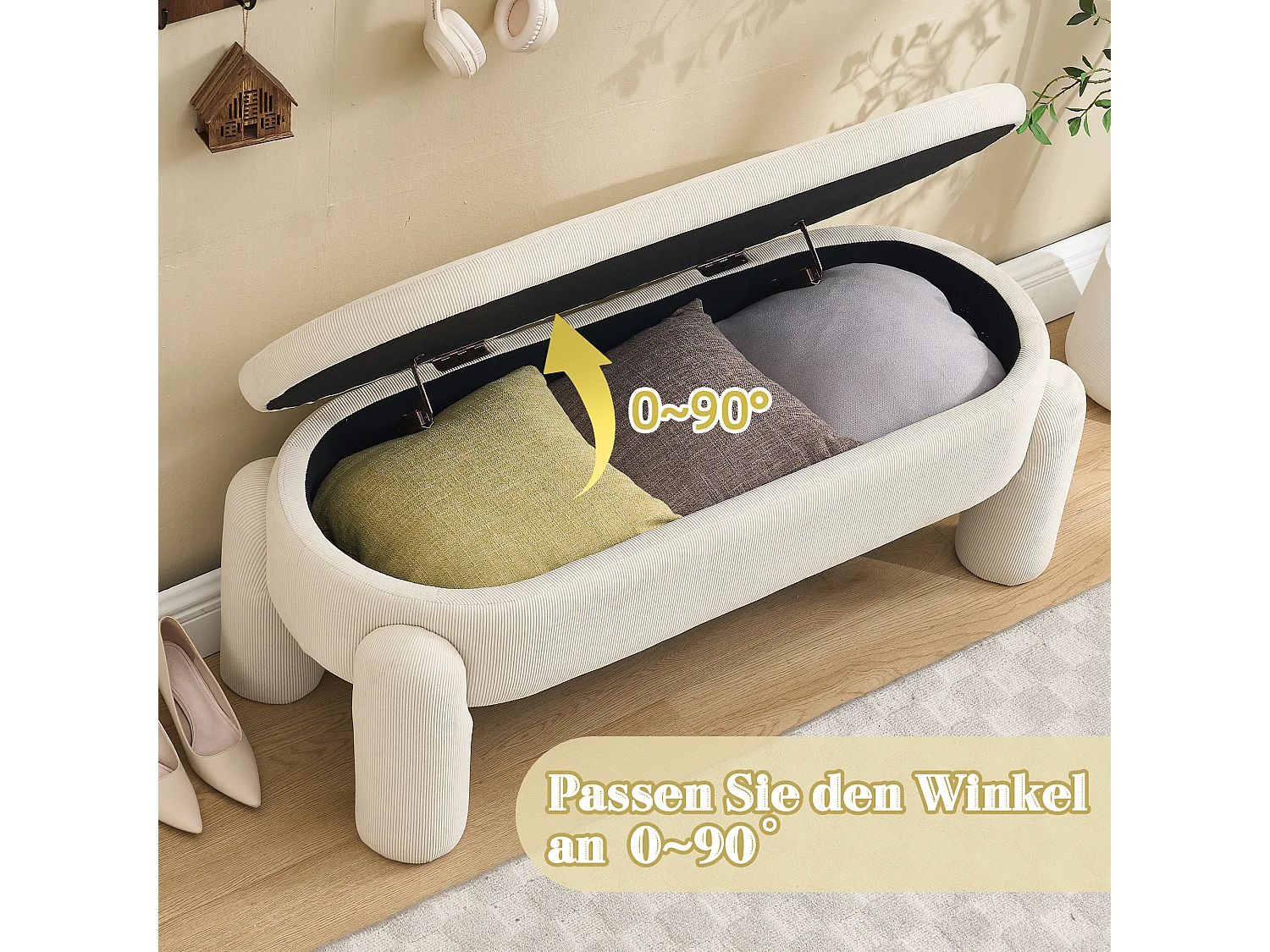 Pouf de Rangement - Banc Coffre en Velours Côtelé Beige - Style Contemporain et Multifonction pour Chambre et Salon