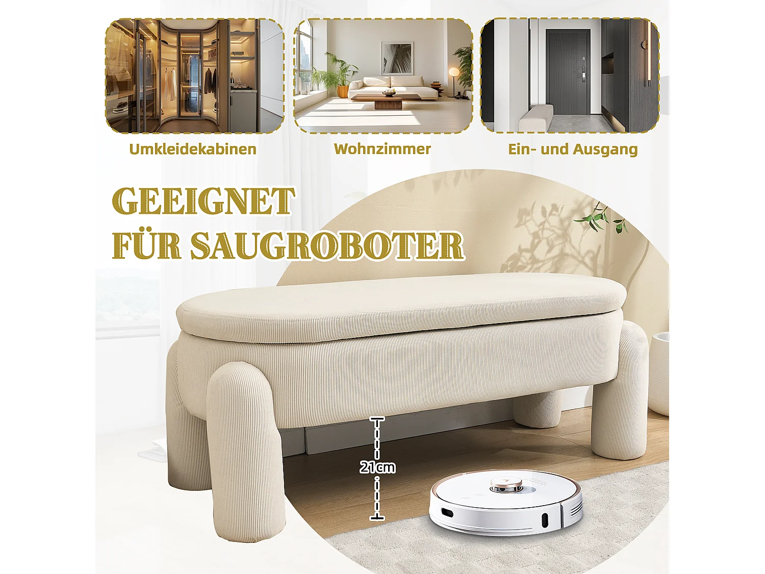 Pouf de Rangement - Banc Coffre en Velours Côtelé Beige - Style Contemporain et Multifonction pour Chambre et Salon