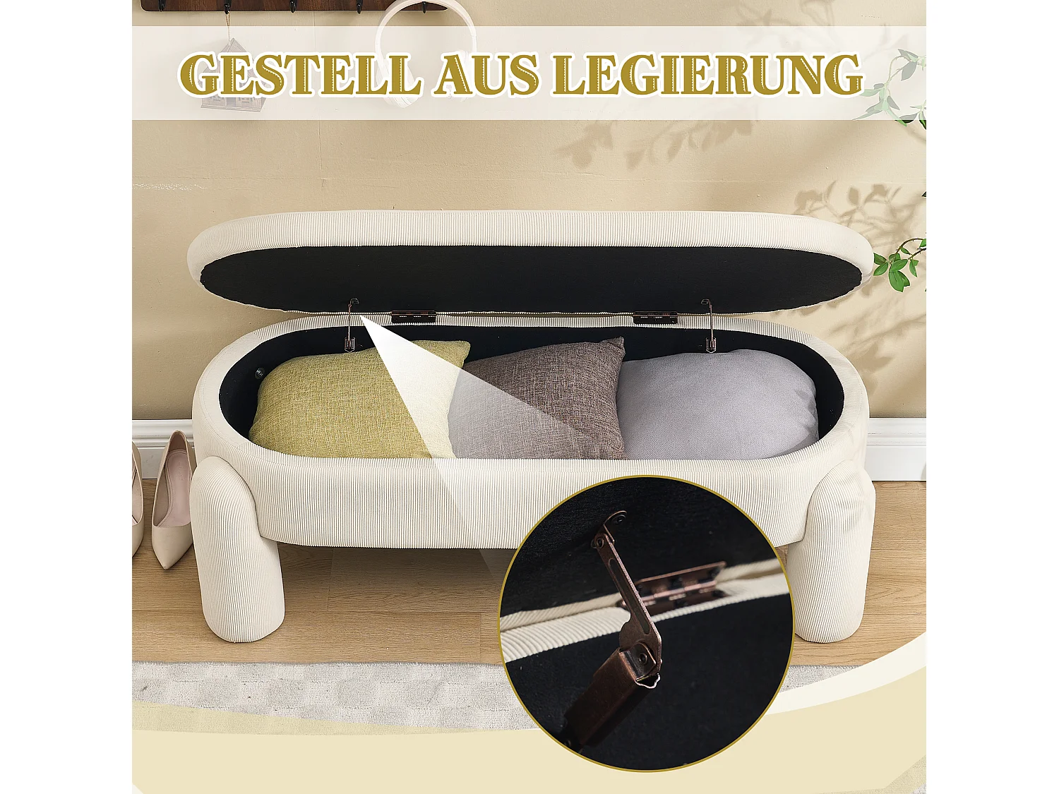 Pouf de Rangement - Banc Coffre en Velours Côtelé Beige - Style Contemporain et Multifonction pour Chambre et Salon