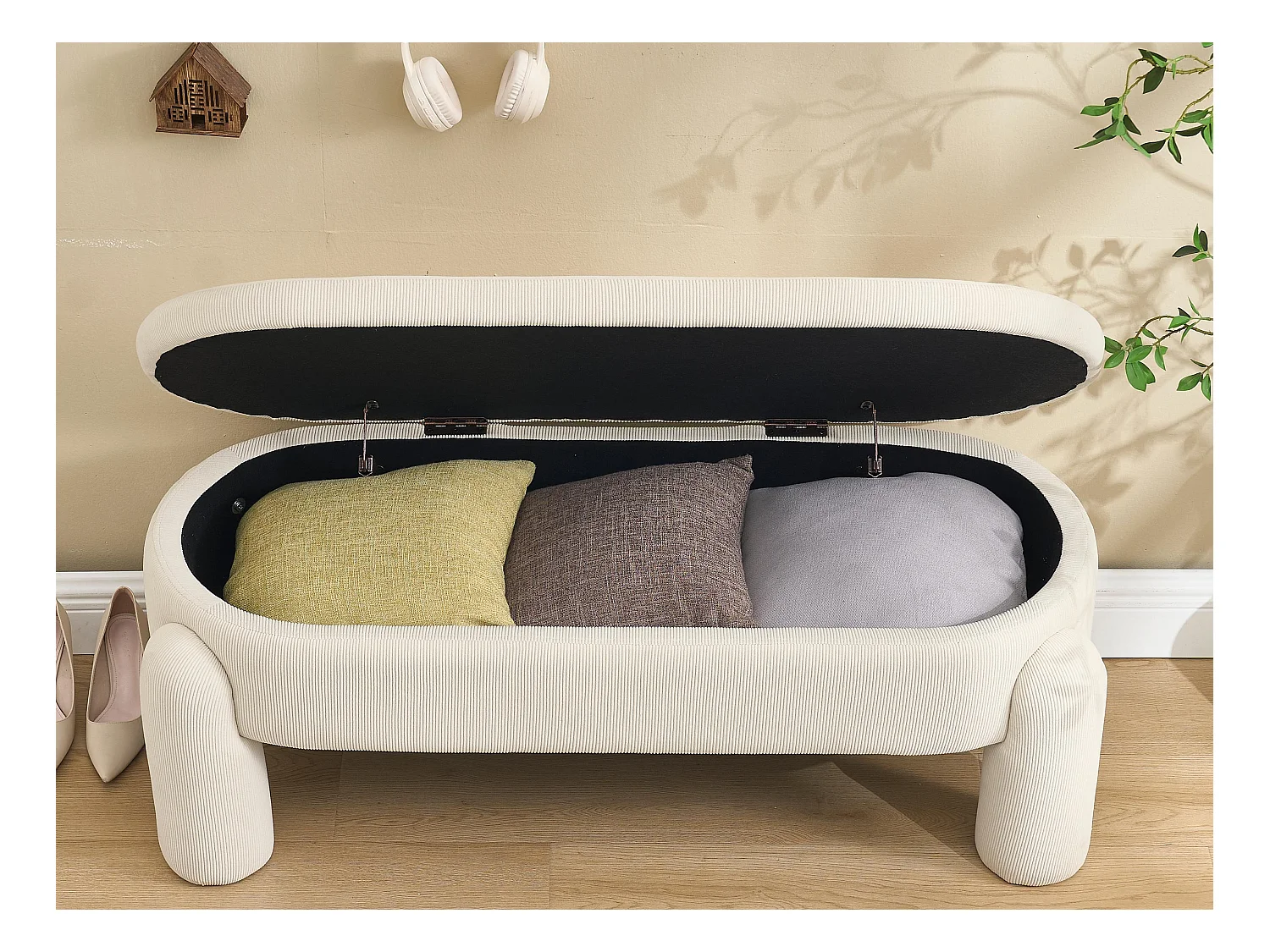 Pouf de Rangement - Banc Coffre en Velours Côtelé Beige - Style Contemporain et Multifonction pour Chambre et Salon