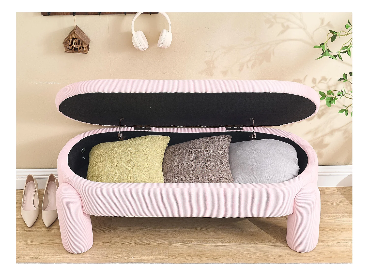 Pouf Banc de Lit avec Coffre de Rangement en Velours Rose - Style Contemporain et Multifonction pour Chambre et Salon
