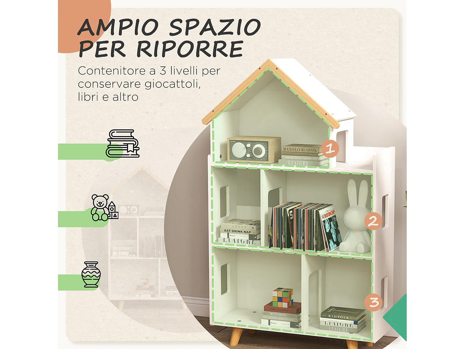 Libreria in legno di pino e mdf per bambini 3-6 anni 3 livelli