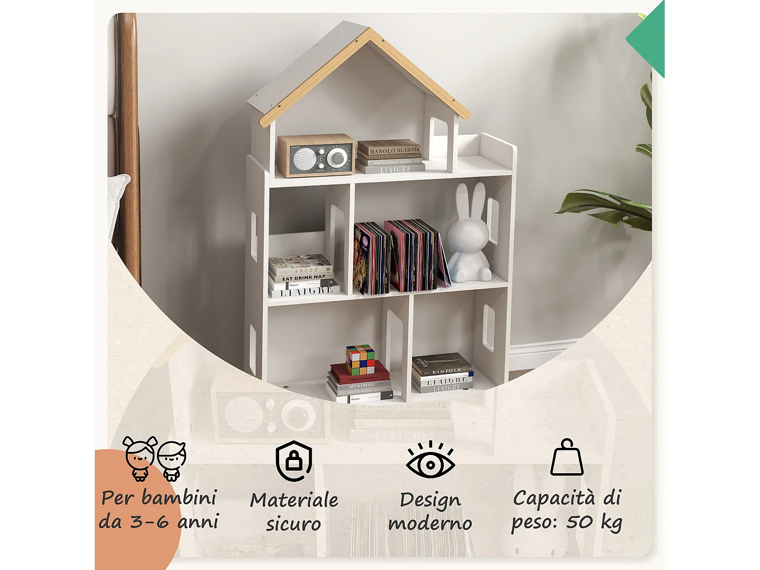 Libreria in legno di pino e mdf per bambini 3-6 anni 3 livelli