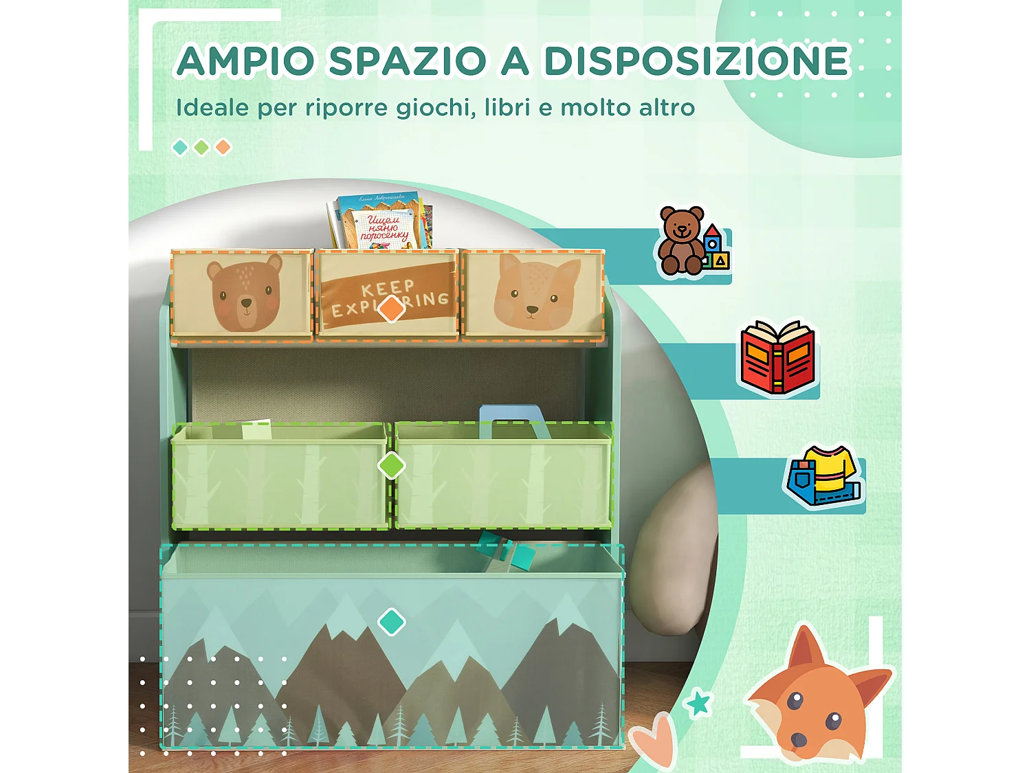 Scaffale portagiochi con 6 contenitori in tessuto verde