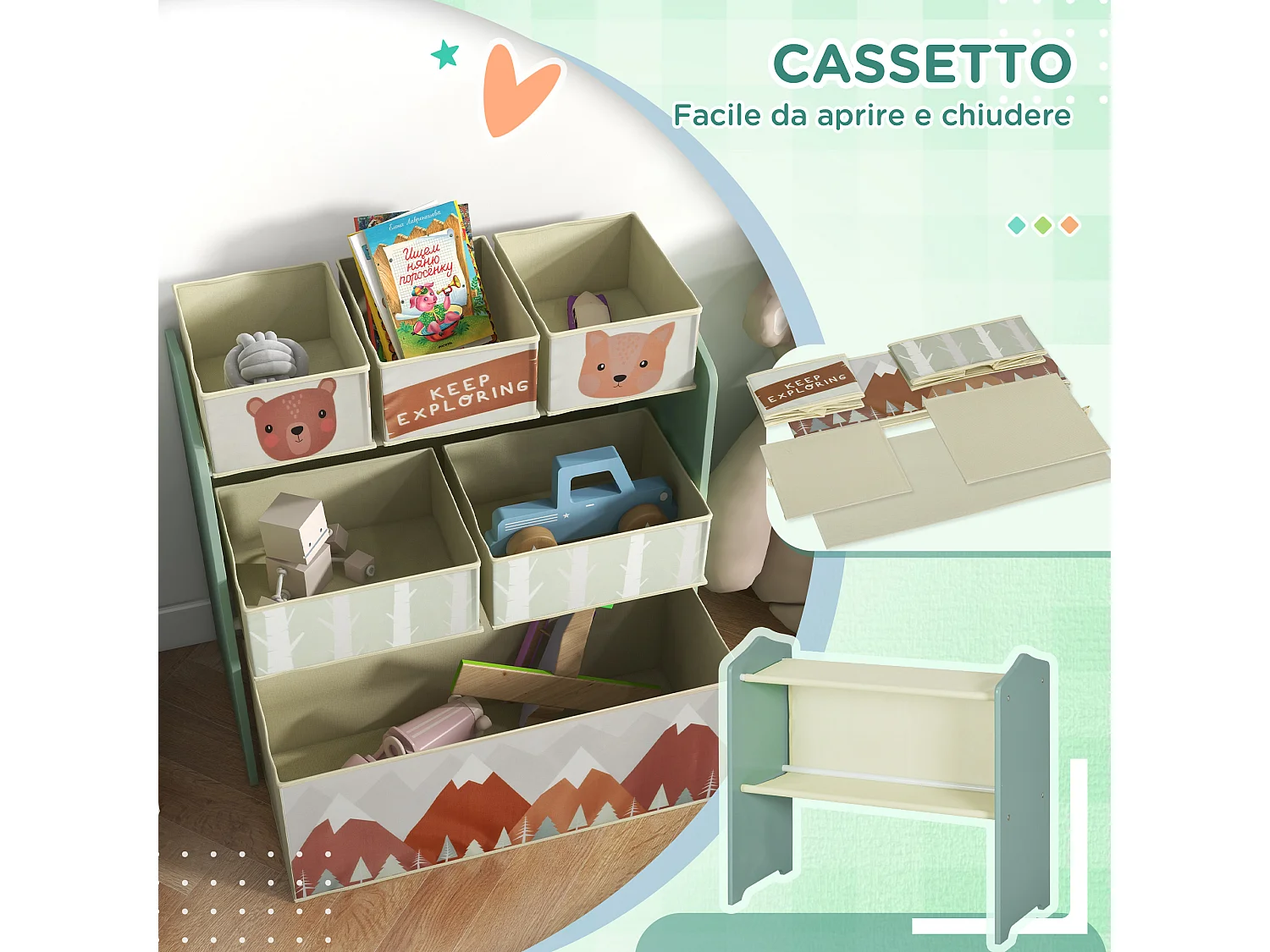Scaffale portagiochi con 6 contenitori in tessuto verde