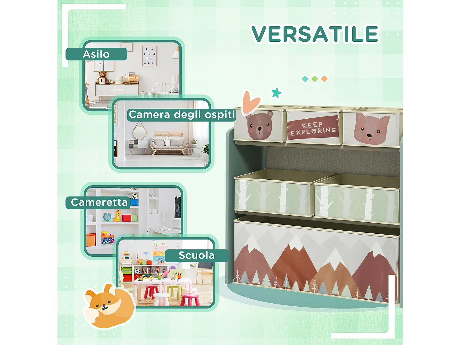 Scaffale portagiochi con 6 contenitori in tessuto verde