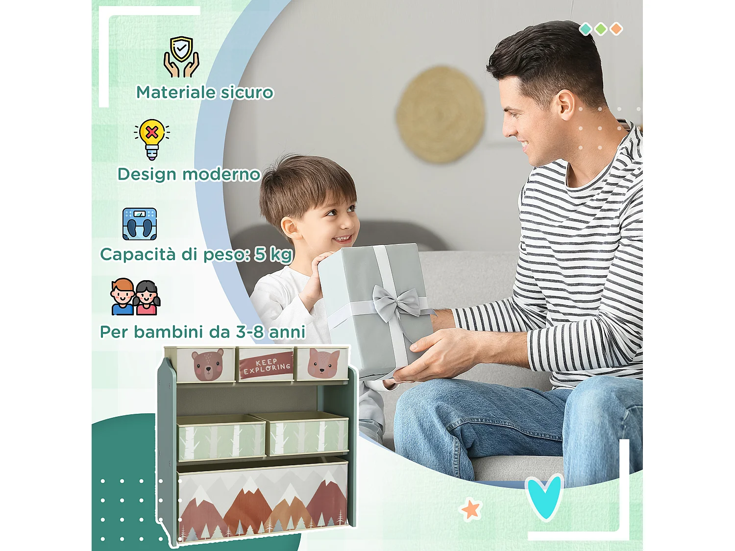 Scaffale portagiochi con 6 contenitori in tessuto verde