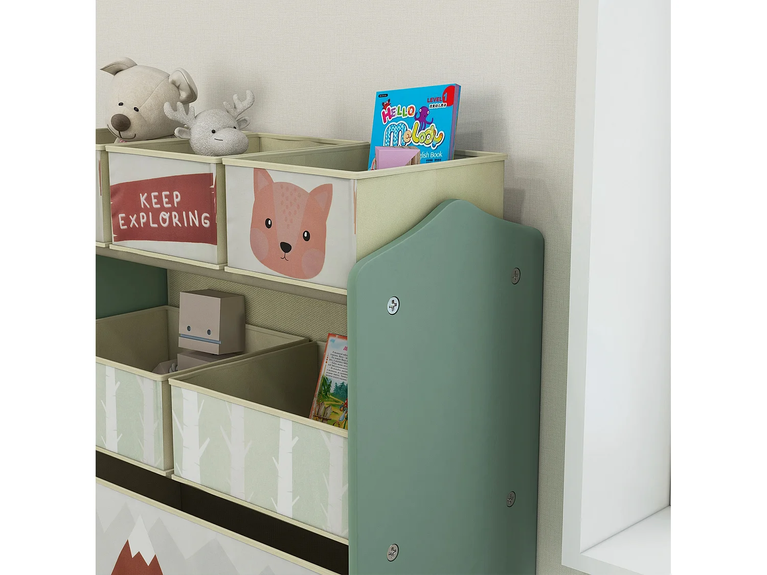 Scaffale portagiochi con 6 contenitori in tessuto verde