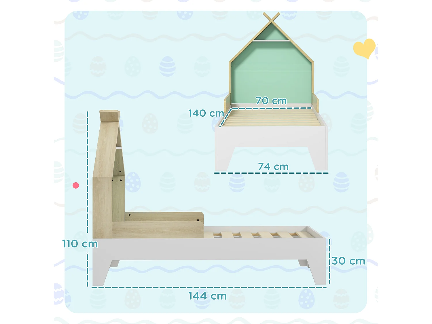 Letto per bambini a casetta con sponde età 3-8 anni in legno verde