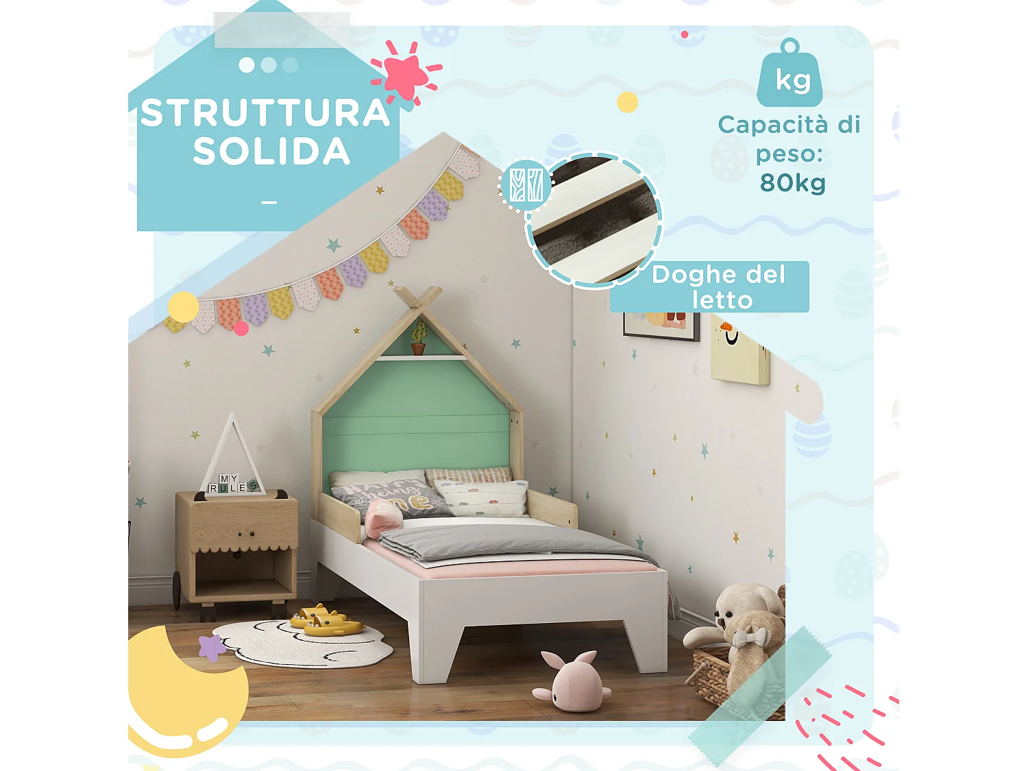 Letto per bambini a casetta con sponde età 3-8 anni in legno verde