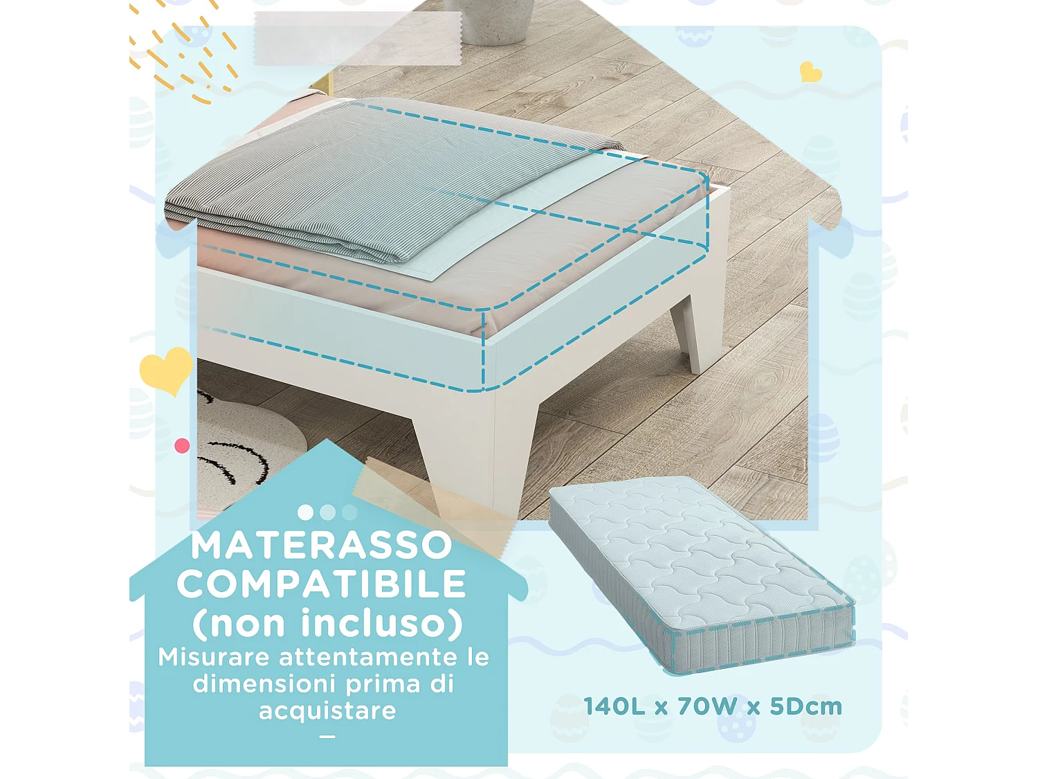 Letto per bambini a casetta con sponde età 3-8 anni in legno verde