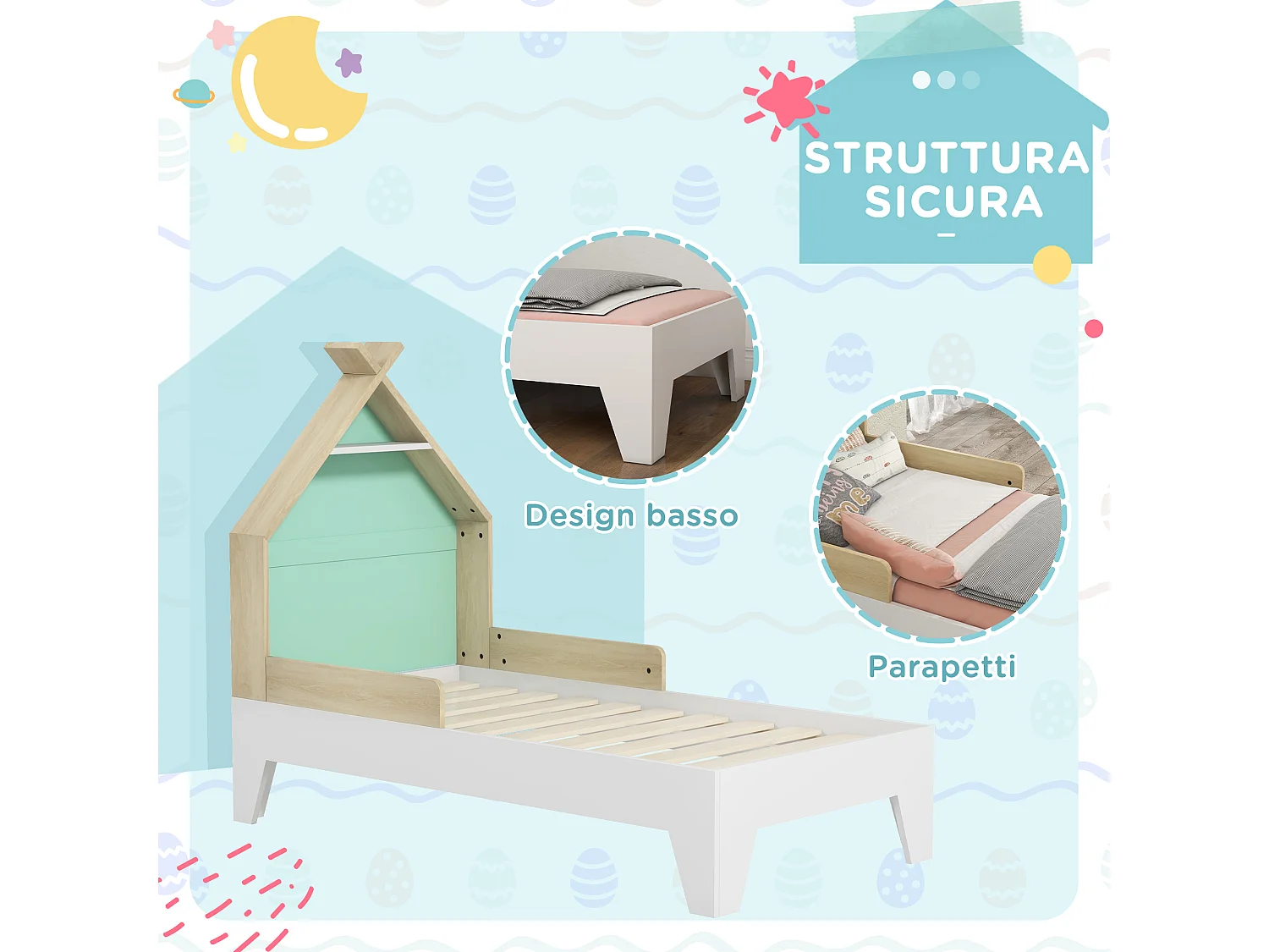 Letto per bambini a casetta con sponde età 3-8 anni in legno verde