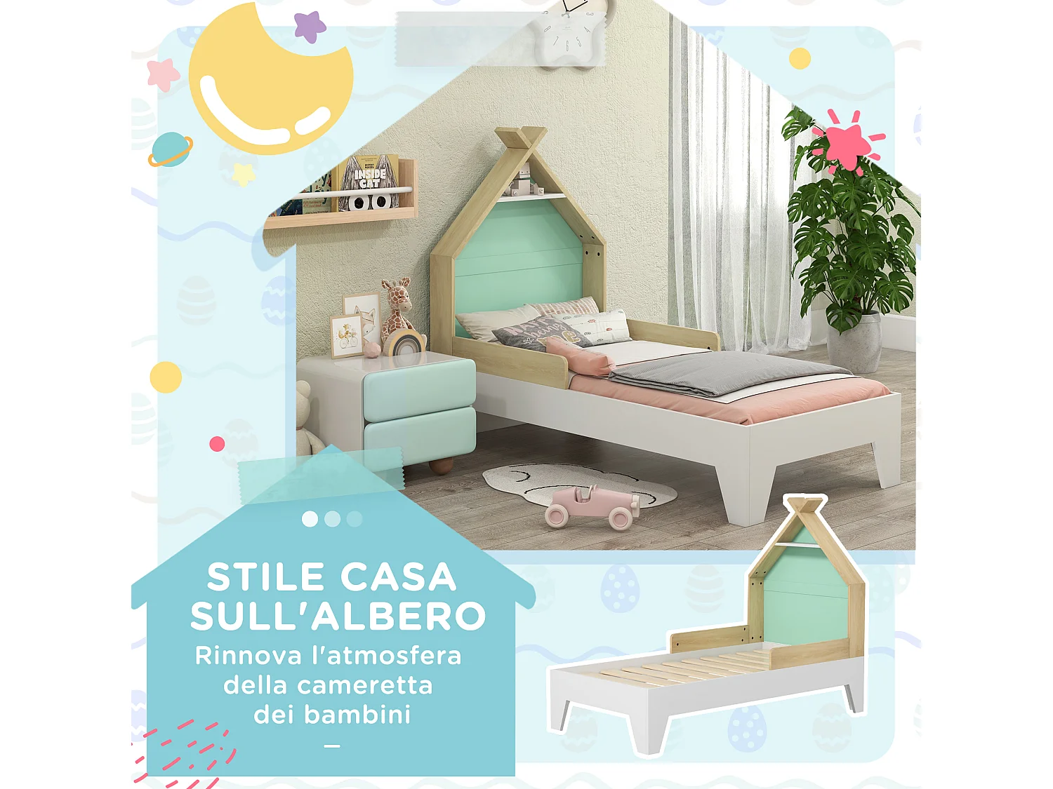 Letto per bambini a casetta con sponde età 3-8 anni in legno verde