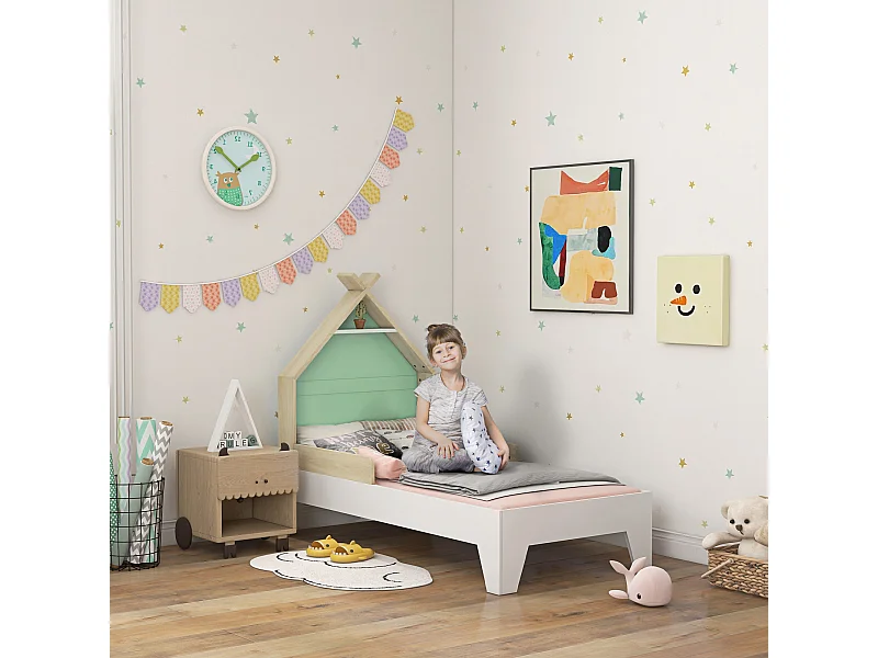 Letto per bambini a casetta con sponde età 3-8 anni in legno verde
