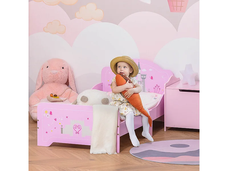 Lettino per bambini 3-6 anni in legno rosa con bordo rialzato