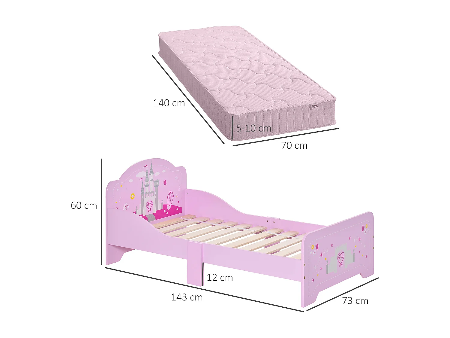 Lettino per bambini 3-6 anni in legno rosa con bordo rialzato