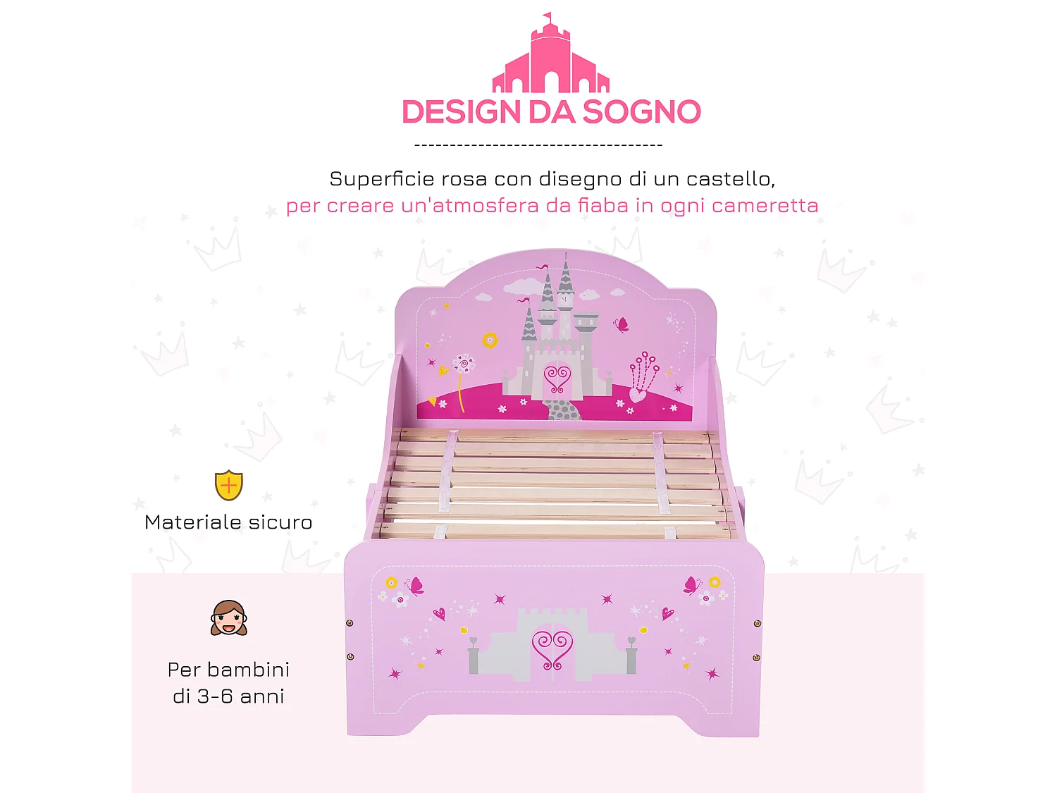Lettino per bambini 3-6 anni in legno rosa con bordo rialzato