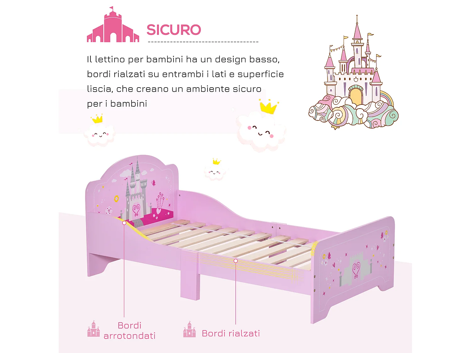 Lettino per bambini 3-6 anni in legno rosa con bordo rialzato