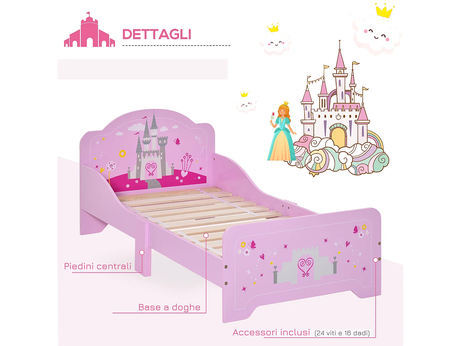 Lettino per bambini 3-6 anni in legno rosa con bordo rialzato