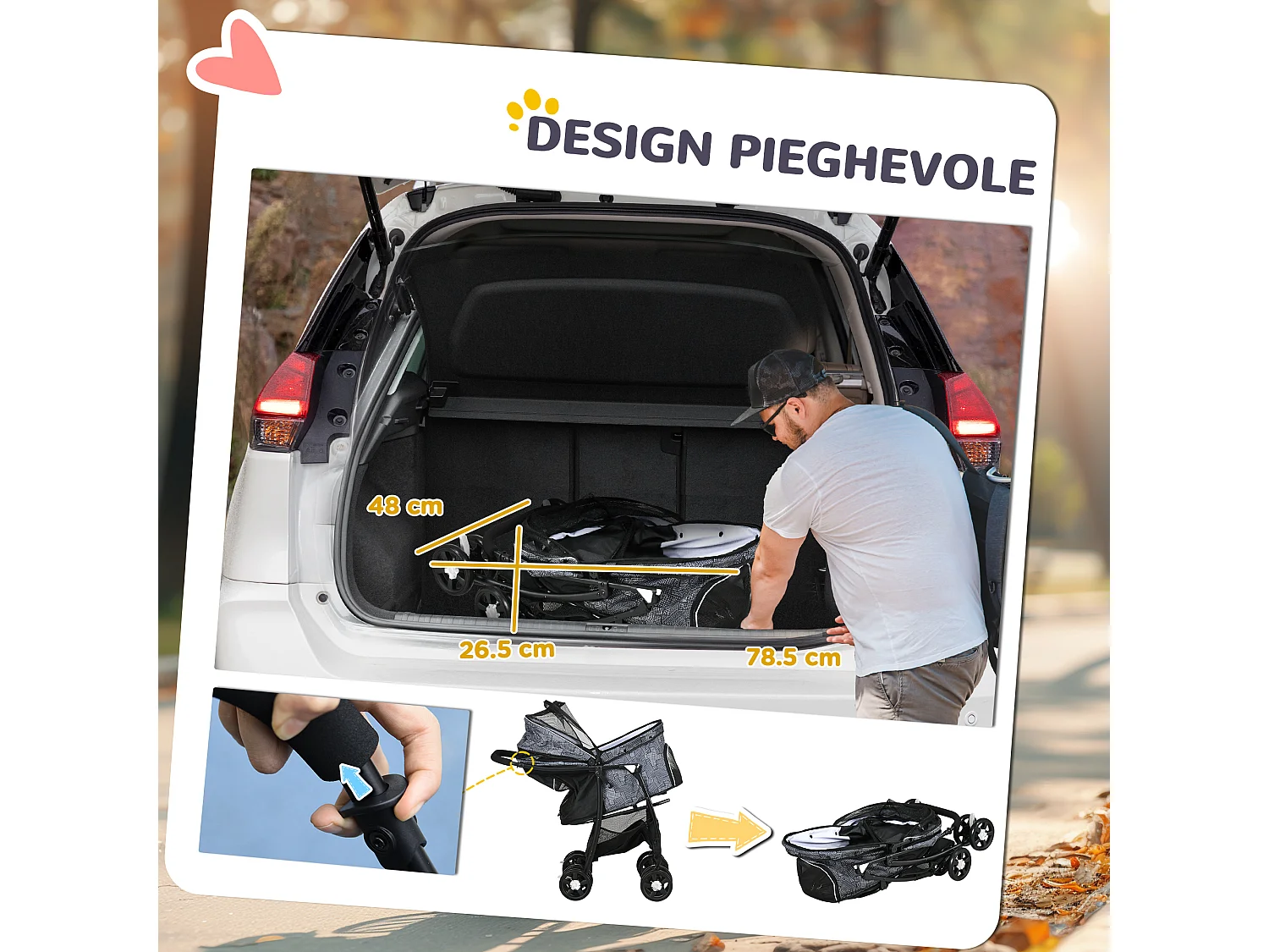 Passeggino per cani con cesto, cuscino e 2 guinzagli nero e grigio