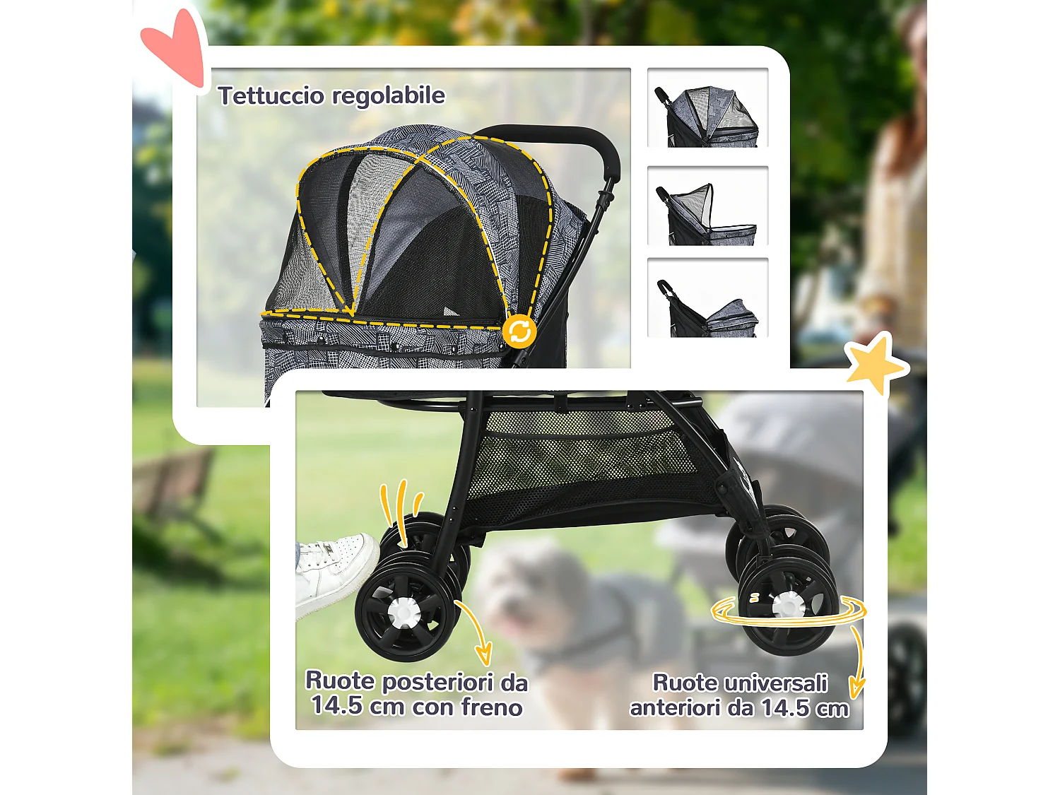 Passeggino per cani con cesto, cuscino e 2 guinzagli nero e grigio