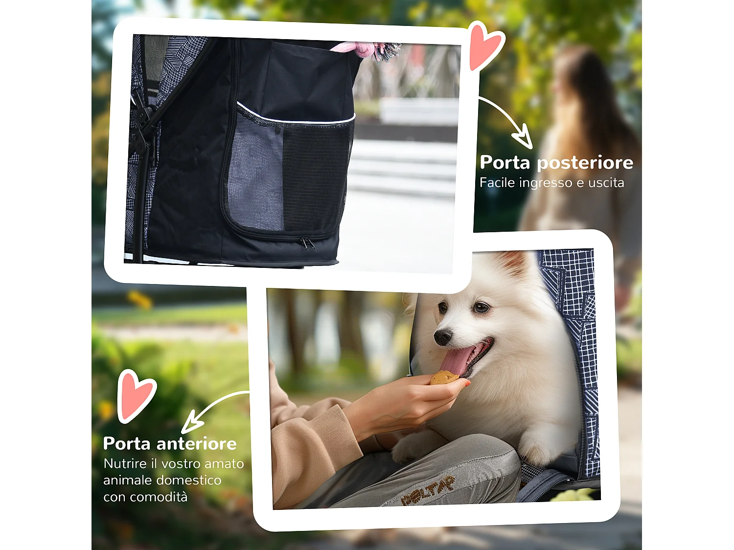 Passeggino per cani con cesto, cuscino e 2 guinzagli nero e grigio