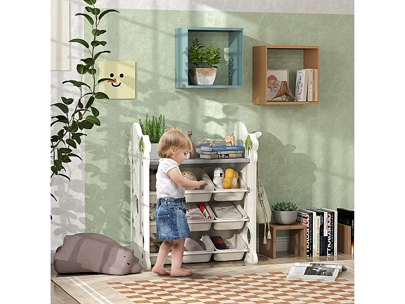 Scaffale portagiochi a 4 livelli con 9 contenitori e gancio crema