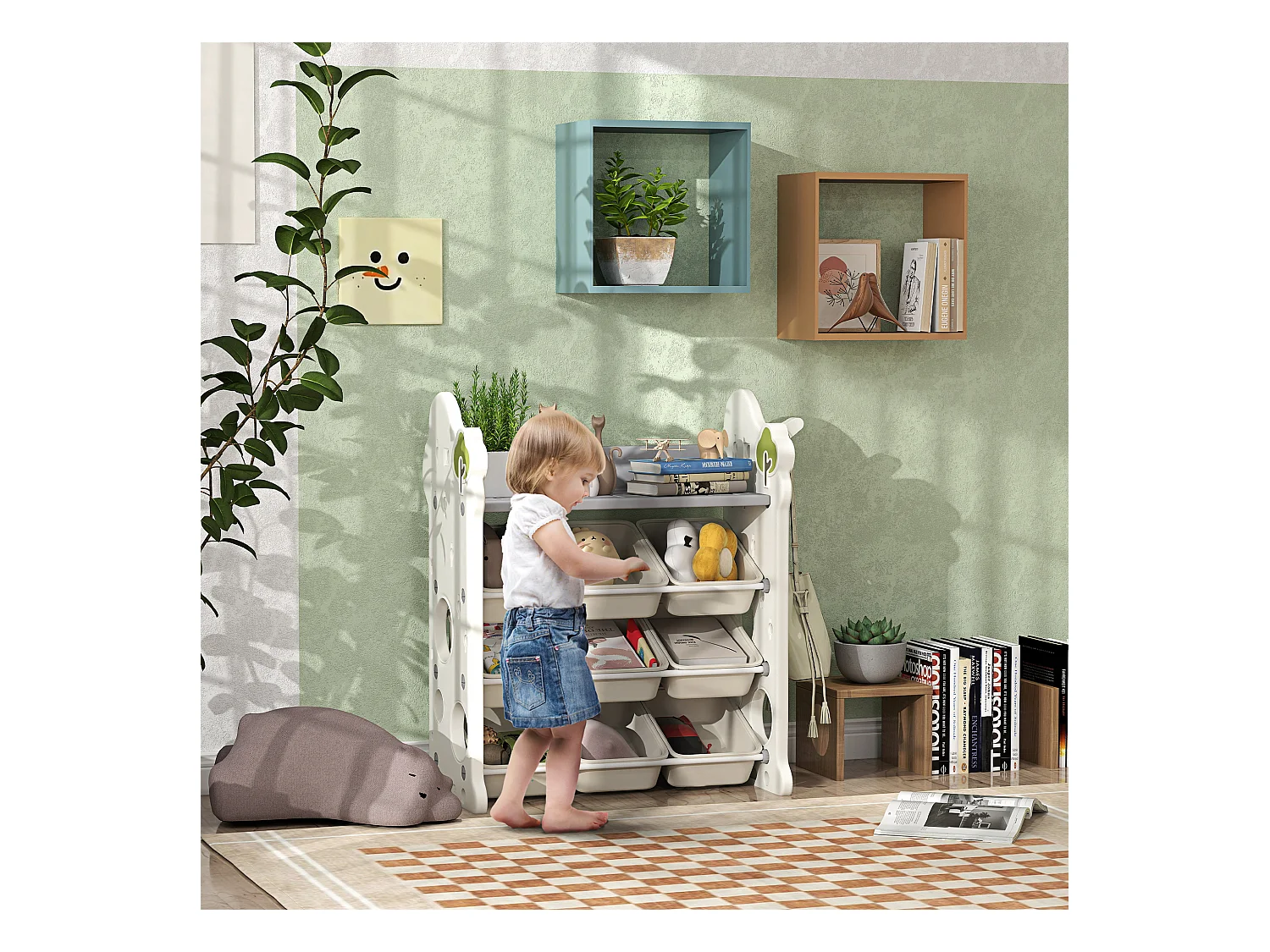 Scaffale portagiochi a 4 livelli con 9 contenitori e gancio crema