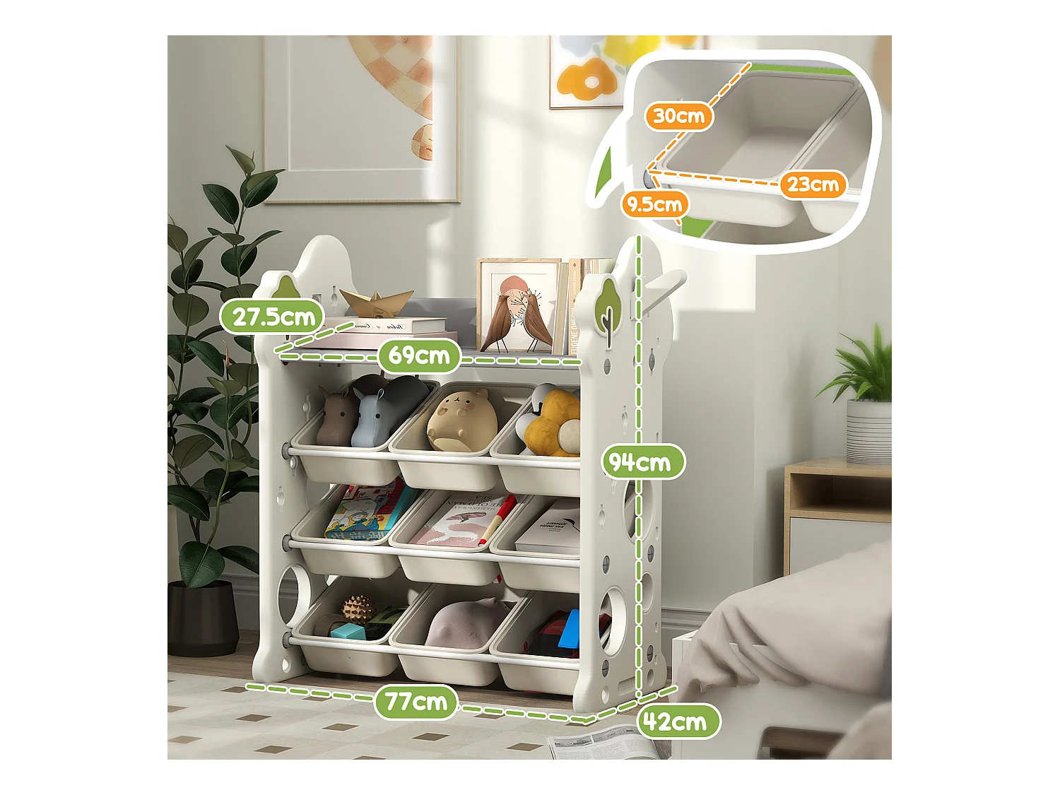 Scaffale portagiochi a 4 livelli con 9 contenitori e gancio crema