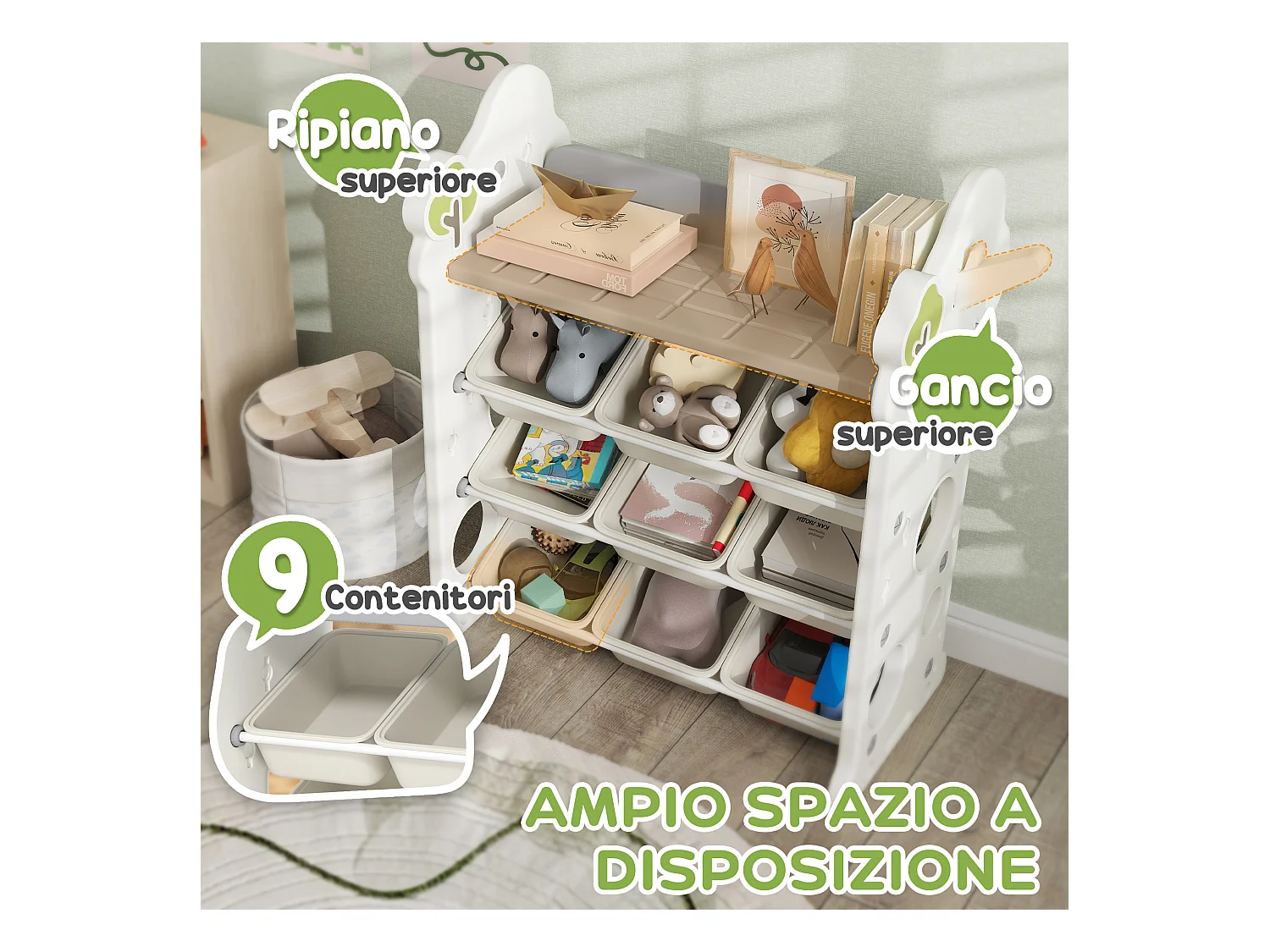 Scaffale portagiochi a 4 livelli con 9 contenitori e gancio crema