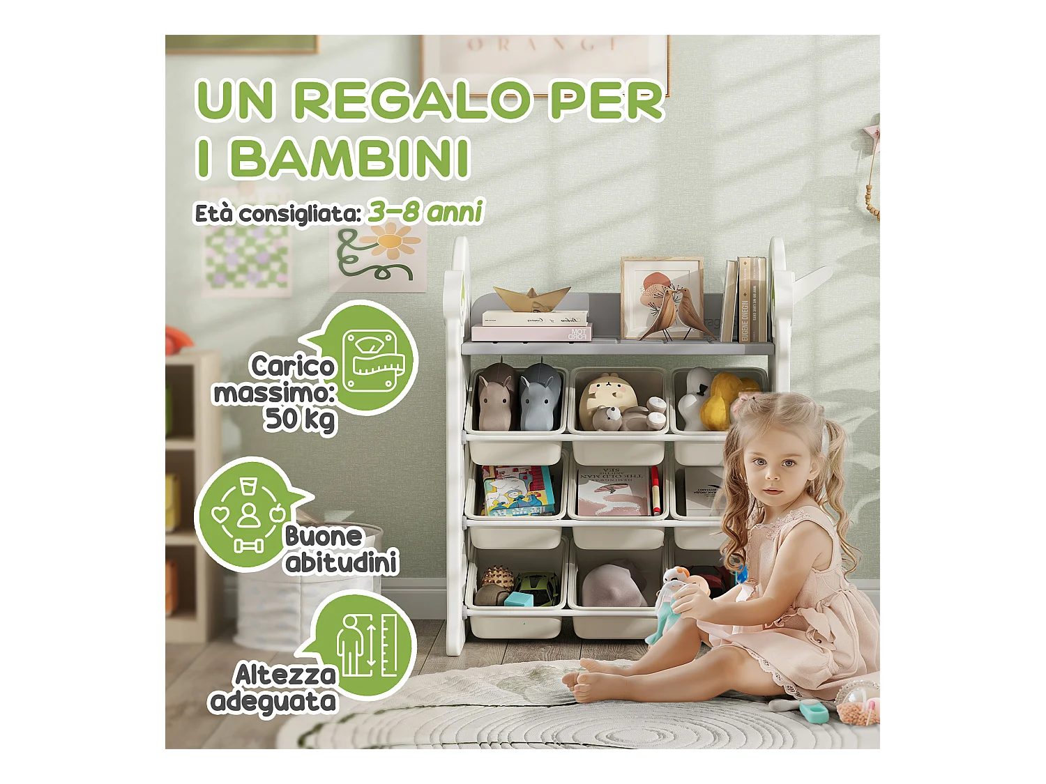 Scaffale portagiochi a 4 livelli con 9 contenitori e gancio crema