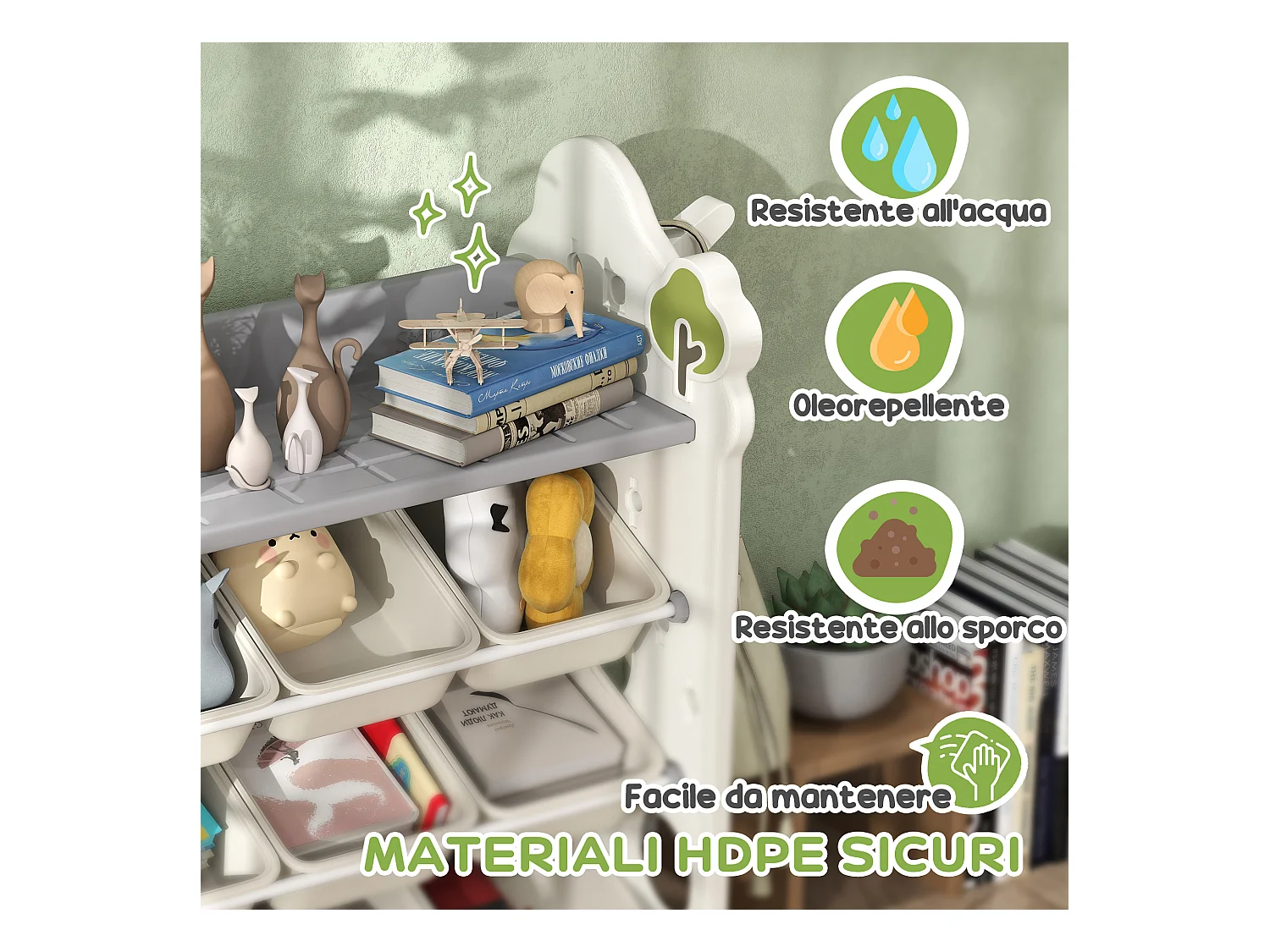 Scaffale portagiochi a 4 livelli con 9 contenitori e gancio crema