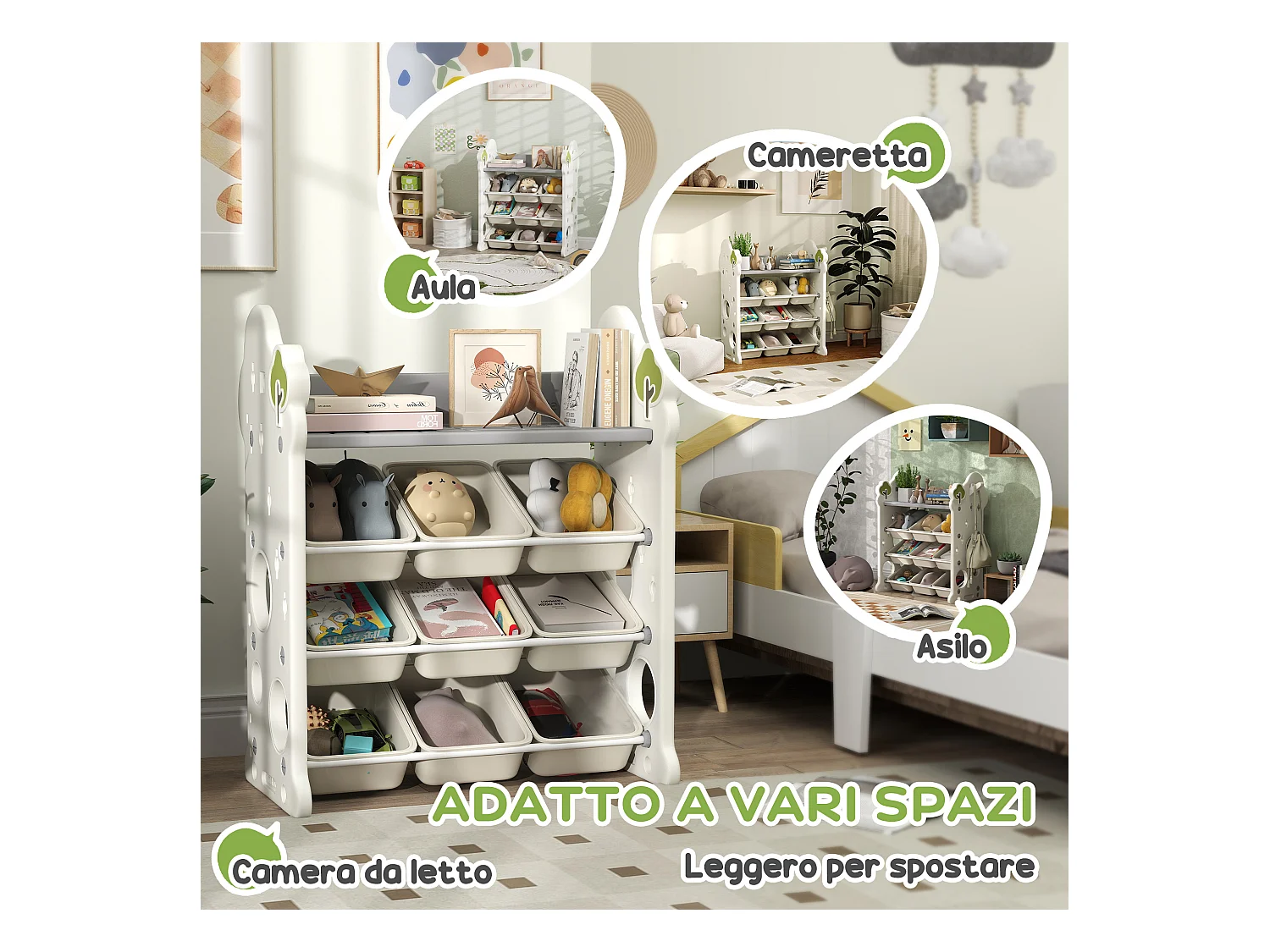 Scaffale portagiochi a 4 livelli con 9 contenitori e gancio crema