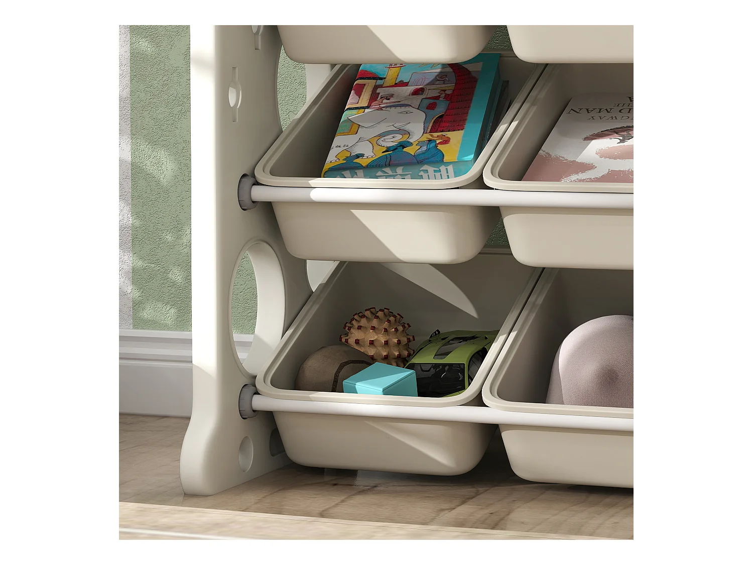 Scaffale portagiochi a 4 livelli con 9 contenitori e gancio crema